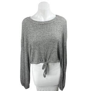 American Threads Gray Long Sleeve Ribbed Knit Tie Hem Cropped Sweater Top Size M
